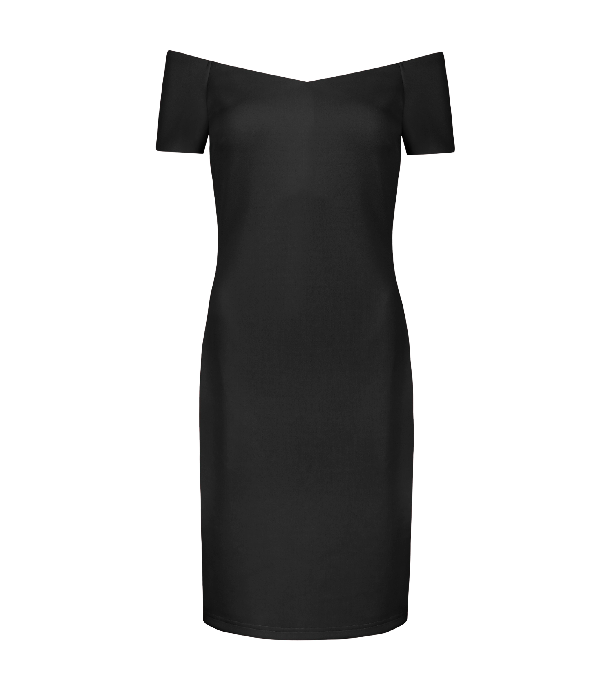 Varie black partywear dress with off-shoulder neckline.
