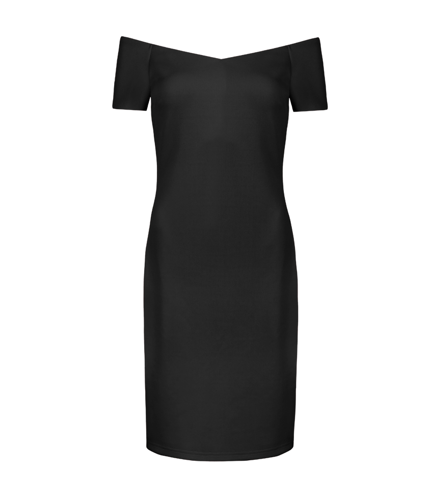 Varie black partywear dress with off-shoulder neckline.
