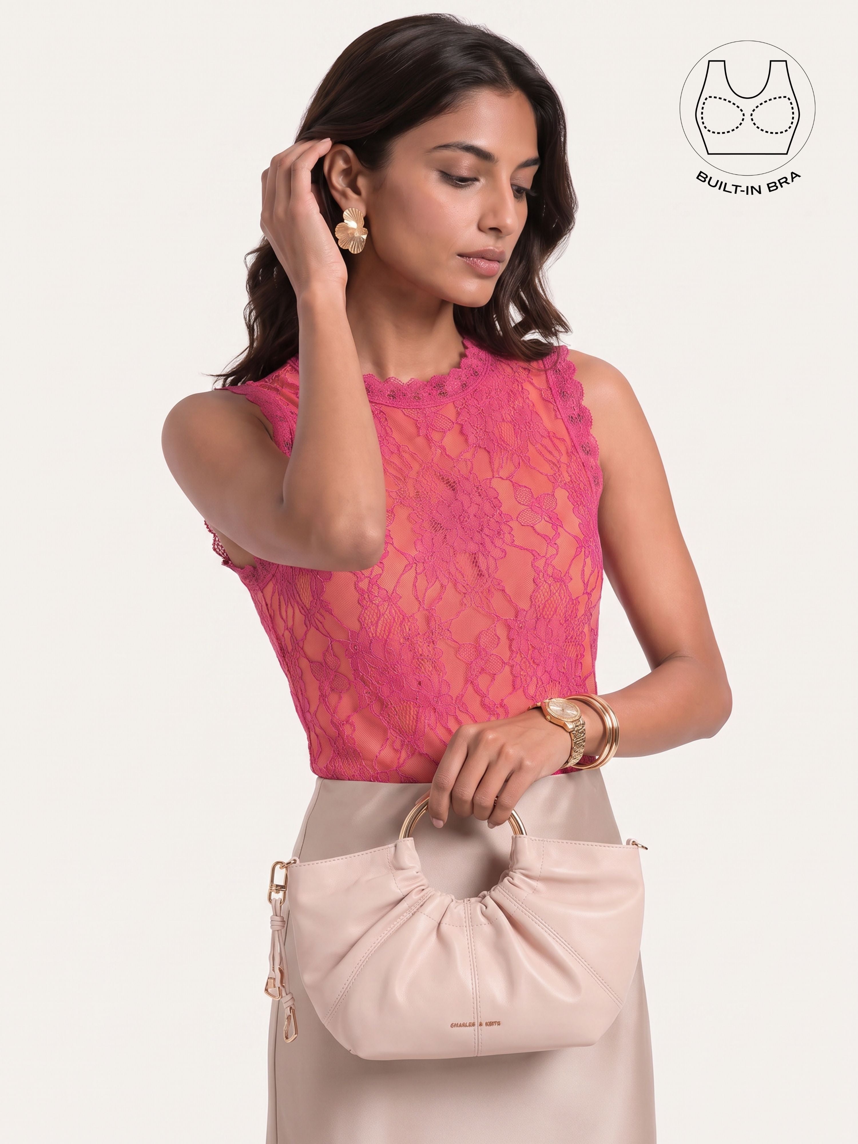 SOLENE HOT PINK BACKLESS CONTRAST LACE TOP WITH INBUILT BRA