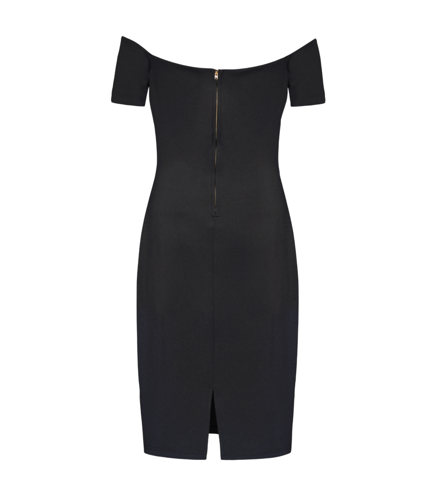 Women’s black bardot cocktail dress for evening wear.