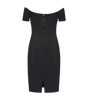 Women’s black bardot cocktail dress for evening wear.