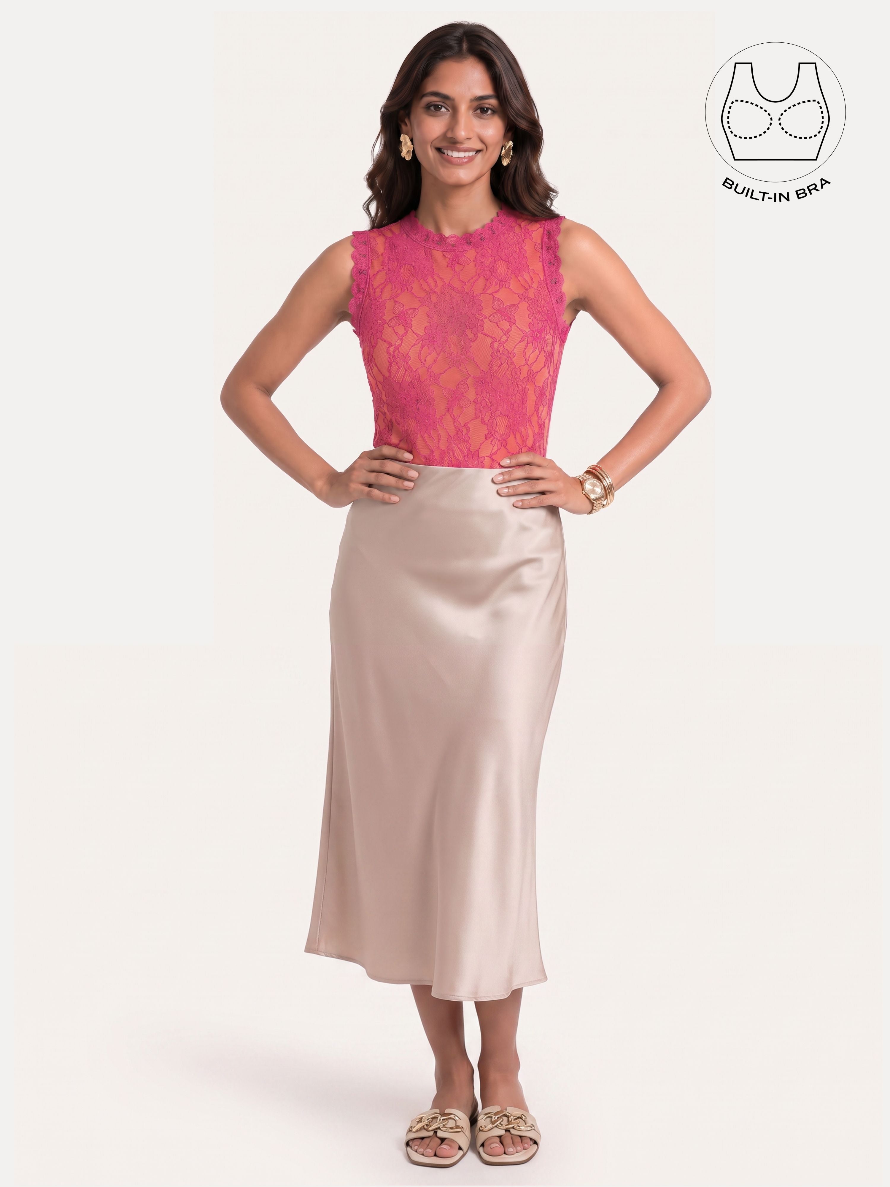 SOLENE HOT PINK BACKLESS CONTRAST LACE TOP WITH INBUILT BRA