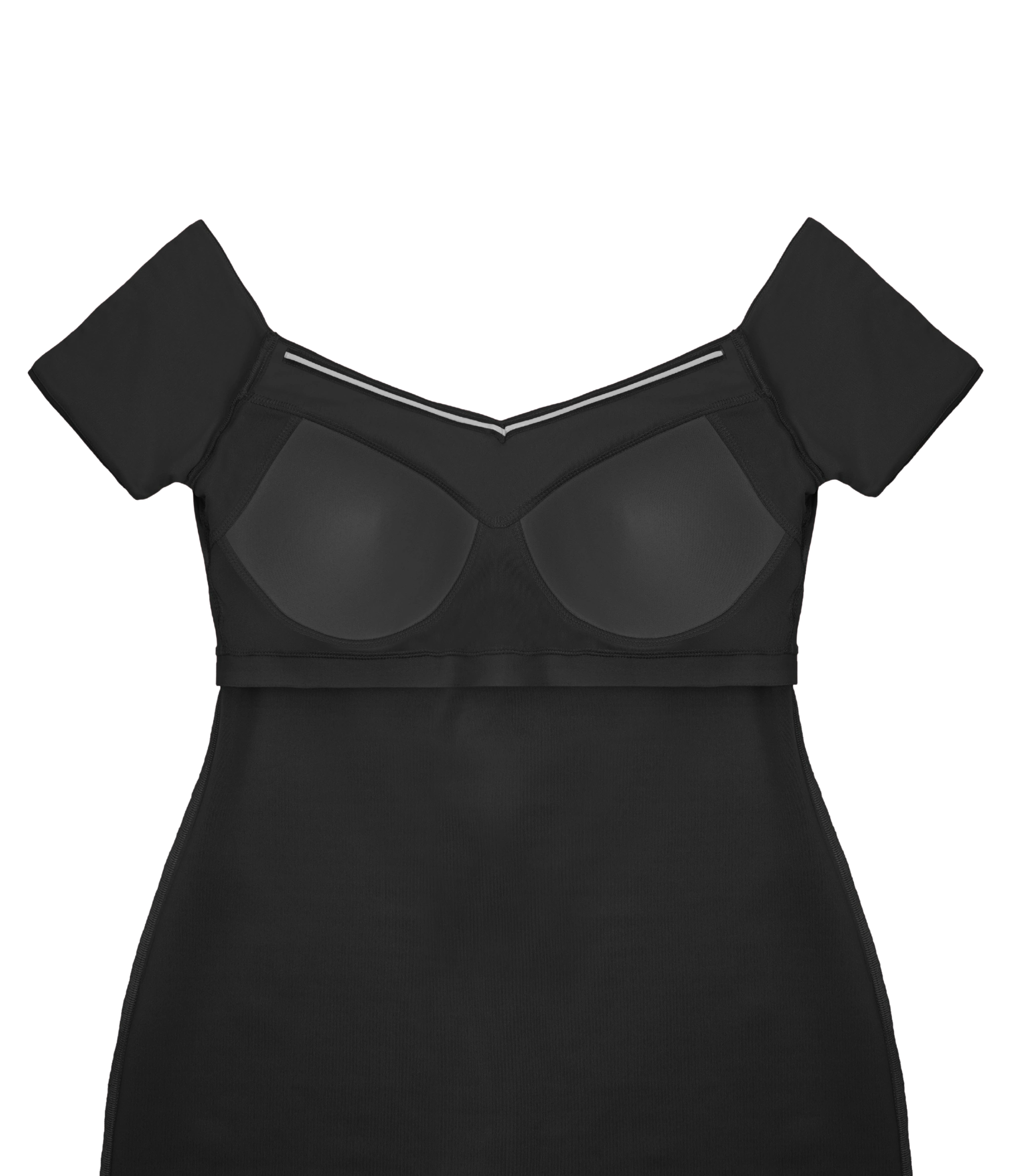 Classic black cocktail dress with padded bra cups.