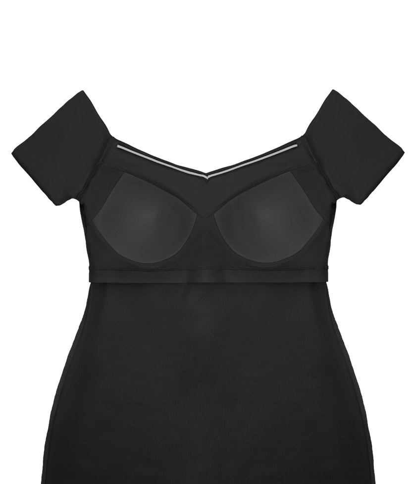 Classic black cocktail dress with padded bra cups.