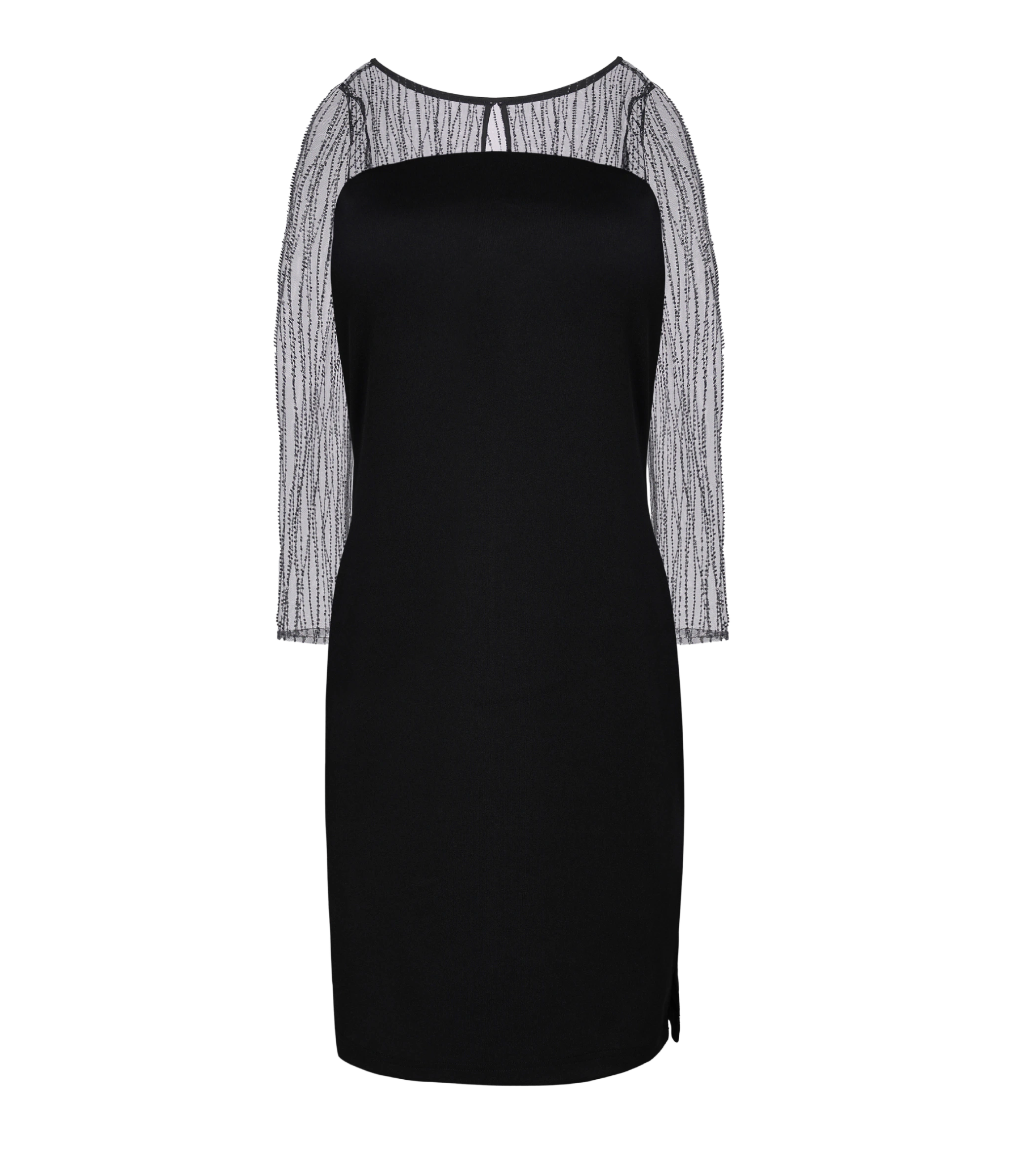 Black cocktail dress for weddings and evening parties.
