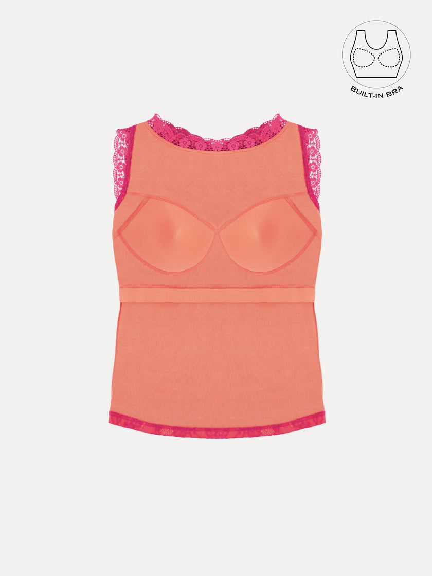 SOLENE HOT PINK BACKLESS CONTRAST LACE TOP WITH INBUILT BRA