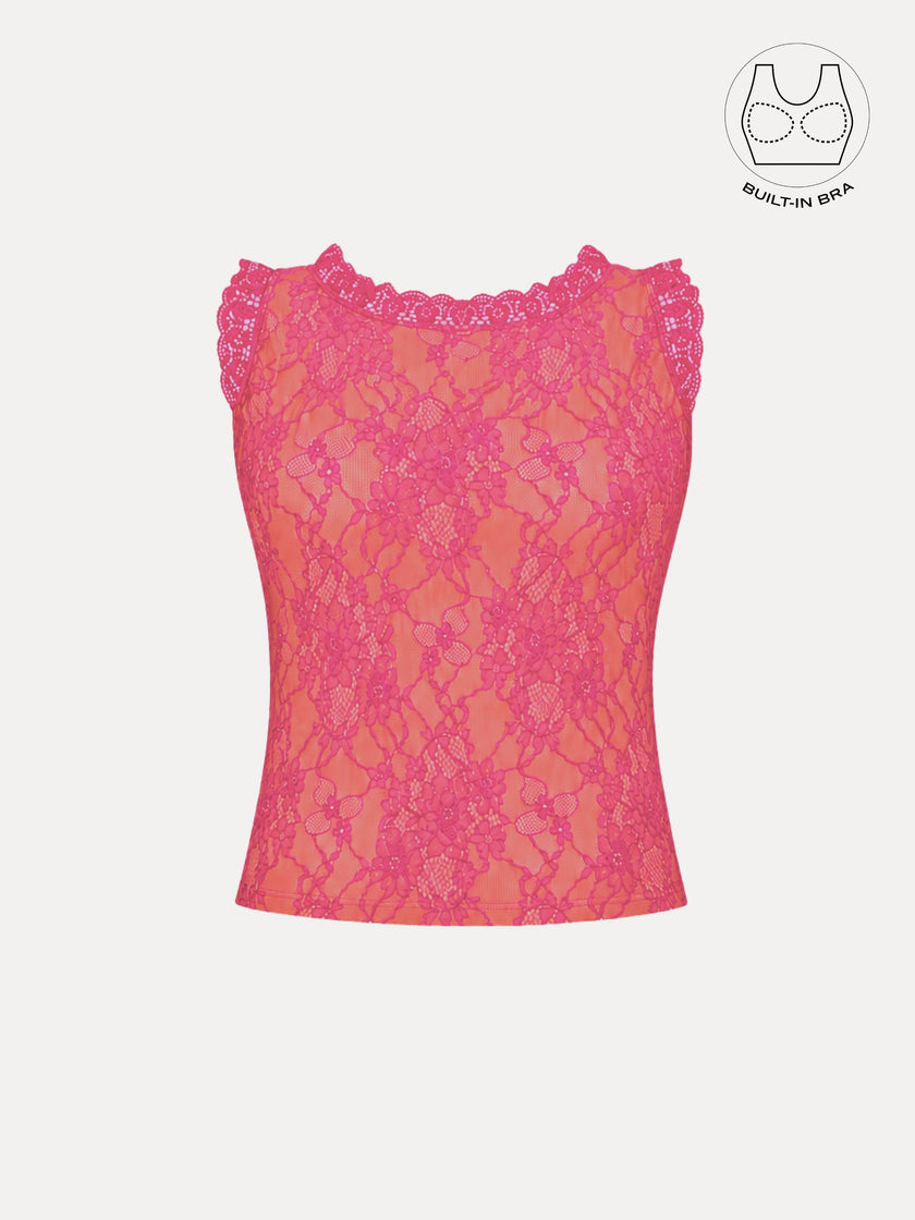 SOLENE HOT PINK BACKLESS CONTRAST LACE TOP WITH INBUILT BRA