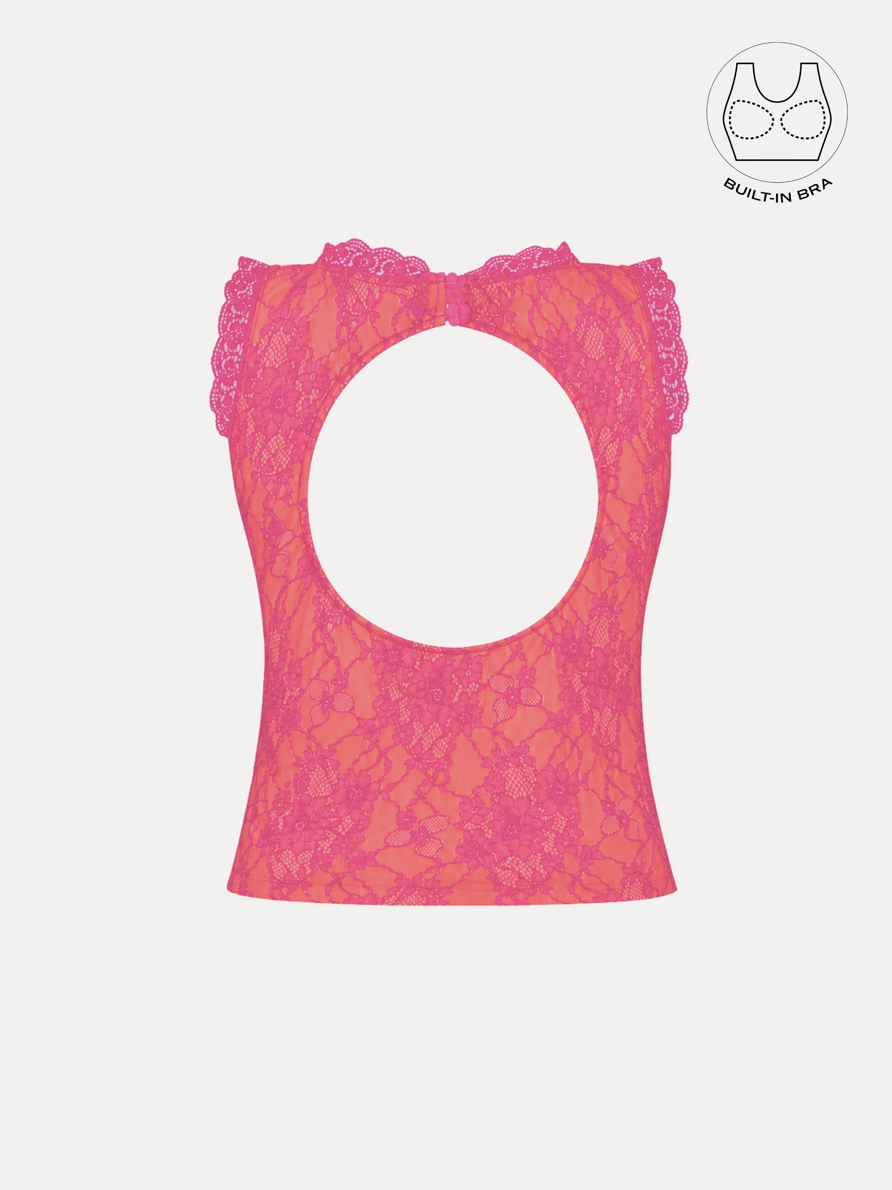 SOLENE HOT PINK BACKLESS CONTRAST LACE TOP WITH INBUILT BRA