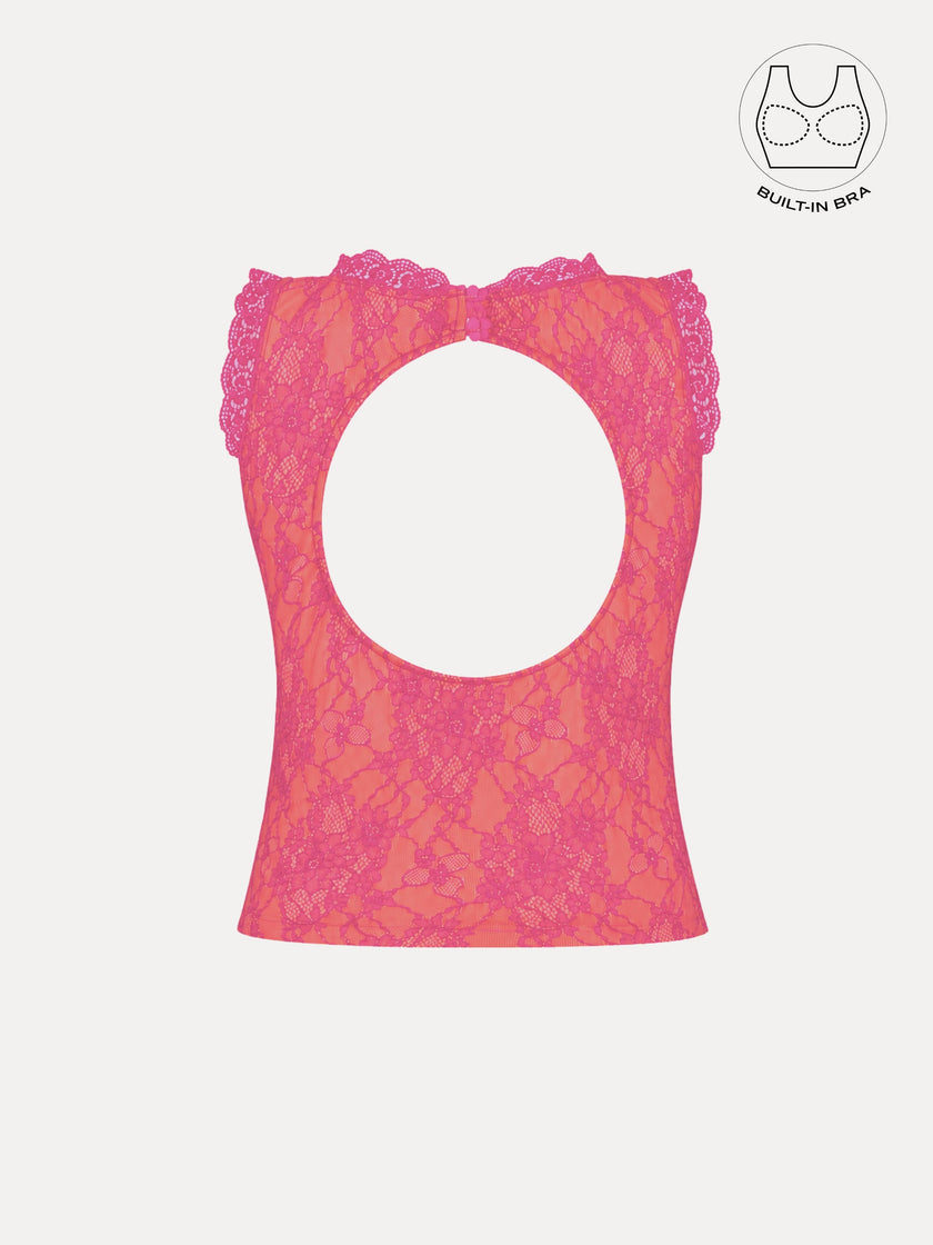 SOLENE HOT PINK BACKLESS CONTRAST LACE TOP WITH INBUILT BRA
