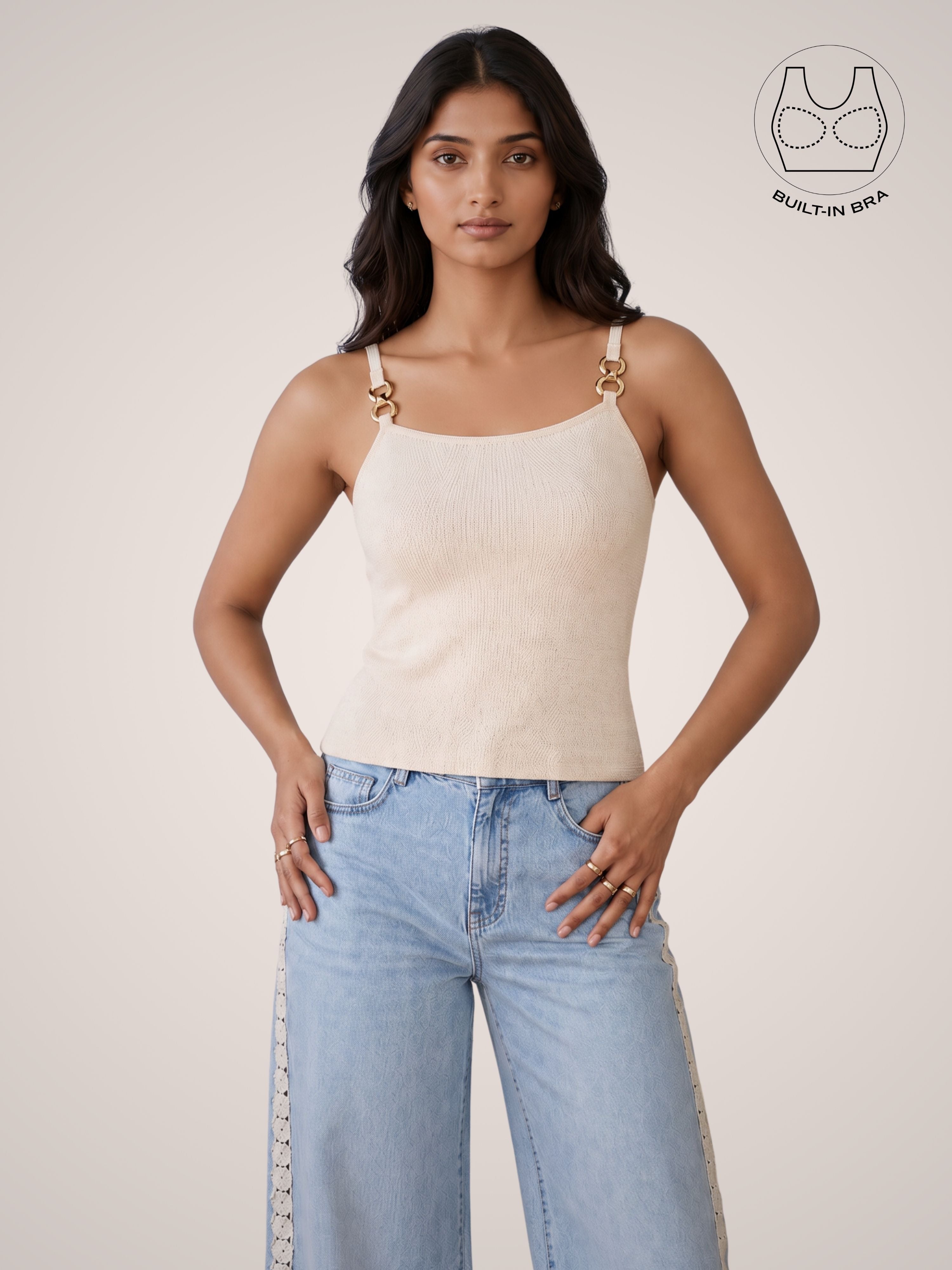 BIANCA OFF-WHITE TEXTURED COTTON BUCKLE TOP WITH INBUILT BRA