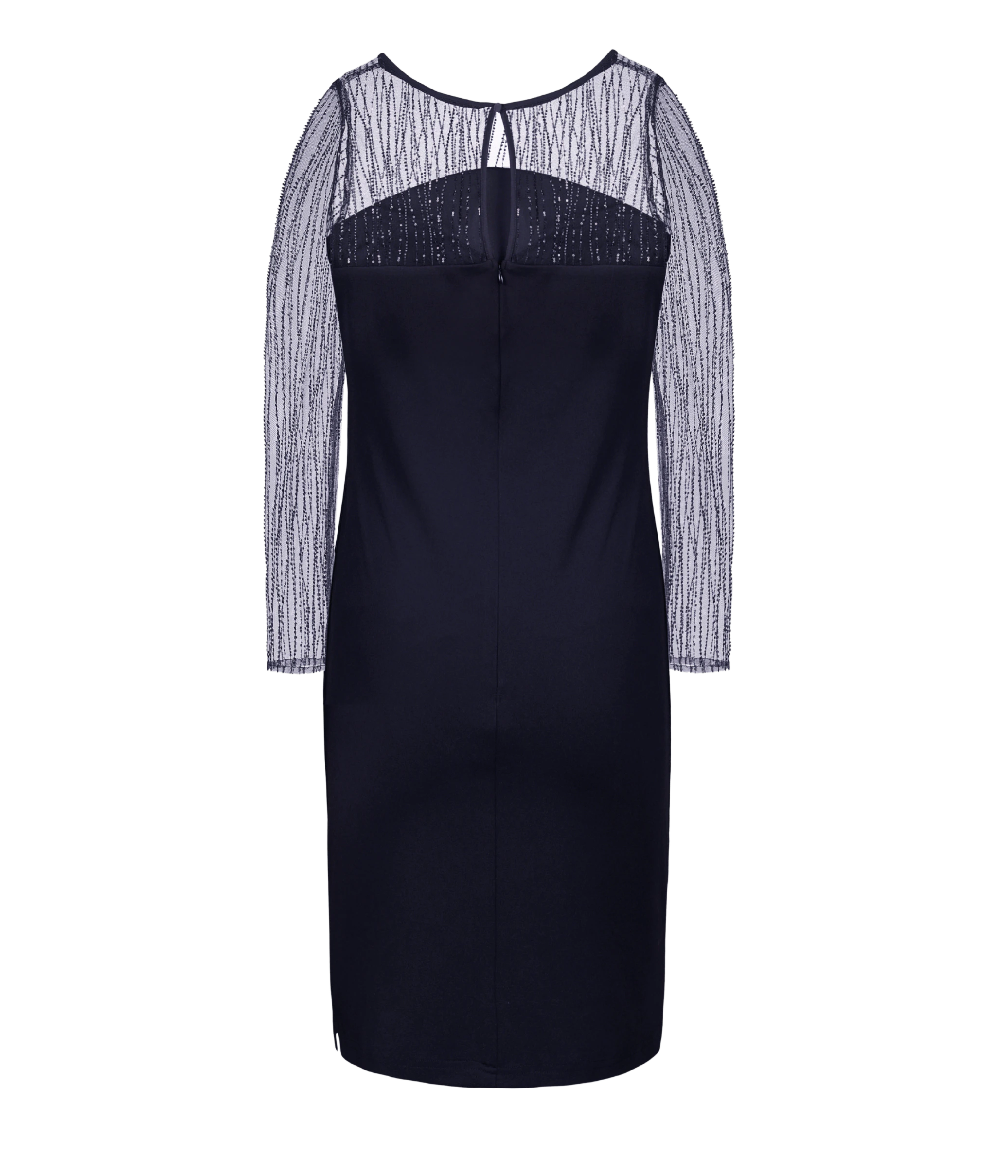 Glamorous navy cocktail dress with built-in bra support.
