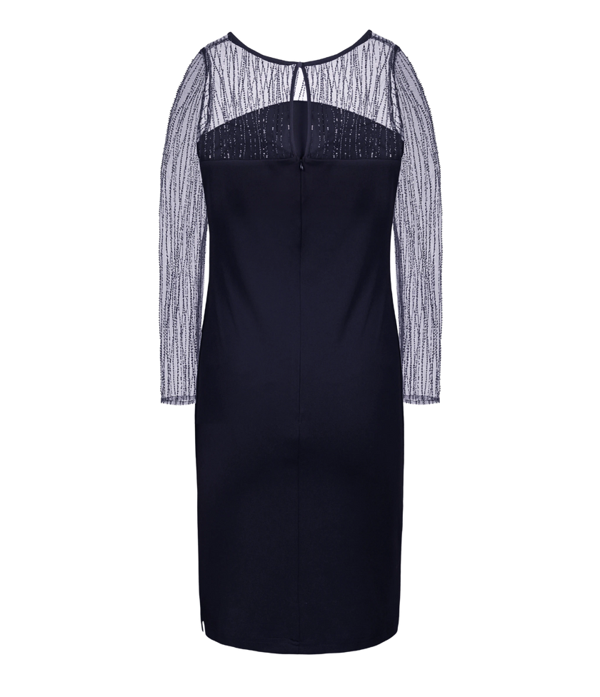 Glamorous navy cocktail dress with built-in bra support.
