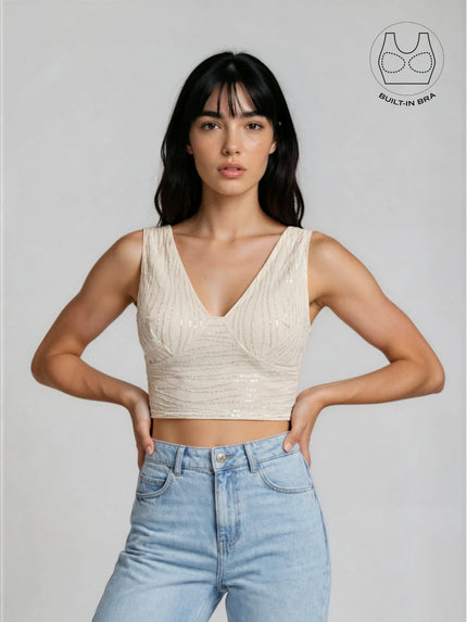 ASTRA IVORY BEADS & SEQUINS CROP TOP WITH INBUILT BRA