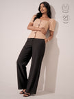 LEONIE BEIGE GATHERED SLEEVES BUTTON TOP WITH INBUILT BRA