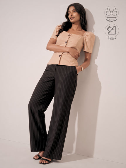 LEONIE BEIGE GATHERED SLEEVES BUTTON TOP WITH INBUILT BRA