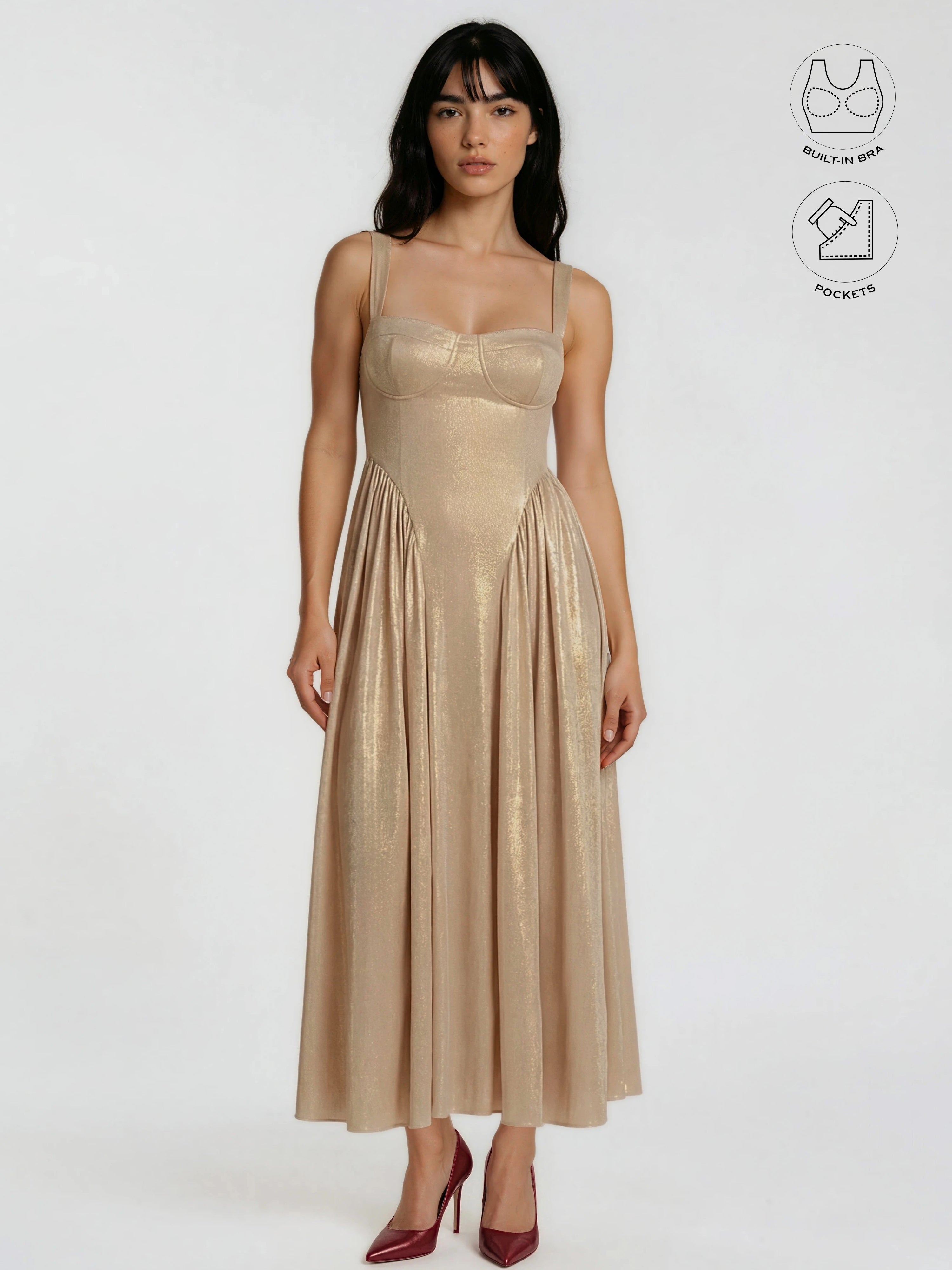 CALYPSA CHAMPAGNE GOLD SHIMMERING MAXI FLARE DRESS WITH BUILT-IN BRA