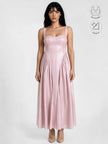 CALYPSA BABY PINK SHIMMERING MAXI FLARE DRESS WITH BUILT-IN BRA