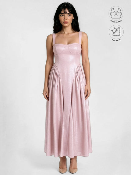 CALYPSA BABY PINK SHIMMERING MAXI FLARE DRESS WITH BUILT-IN BRA