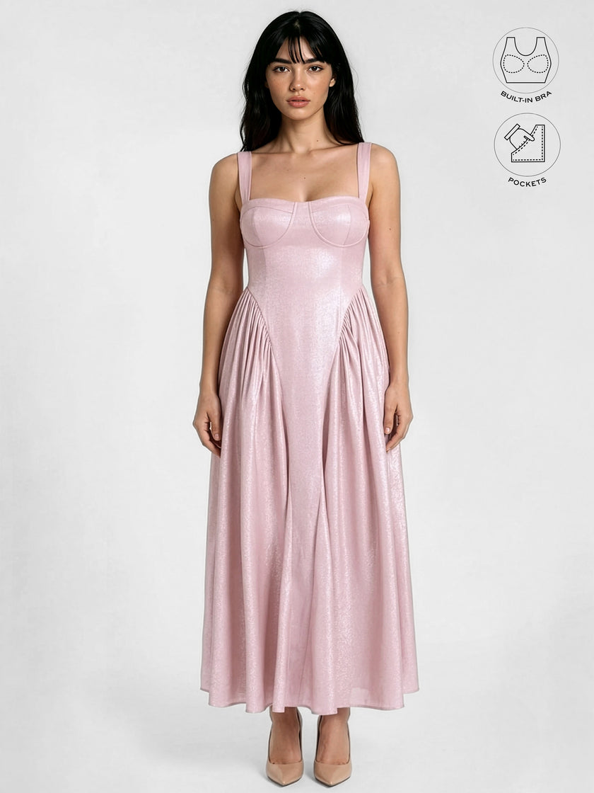 CALYPSA BABY PINK SHIMMERING MAXI FLARE DRESS WITH BUILT-IN BRA