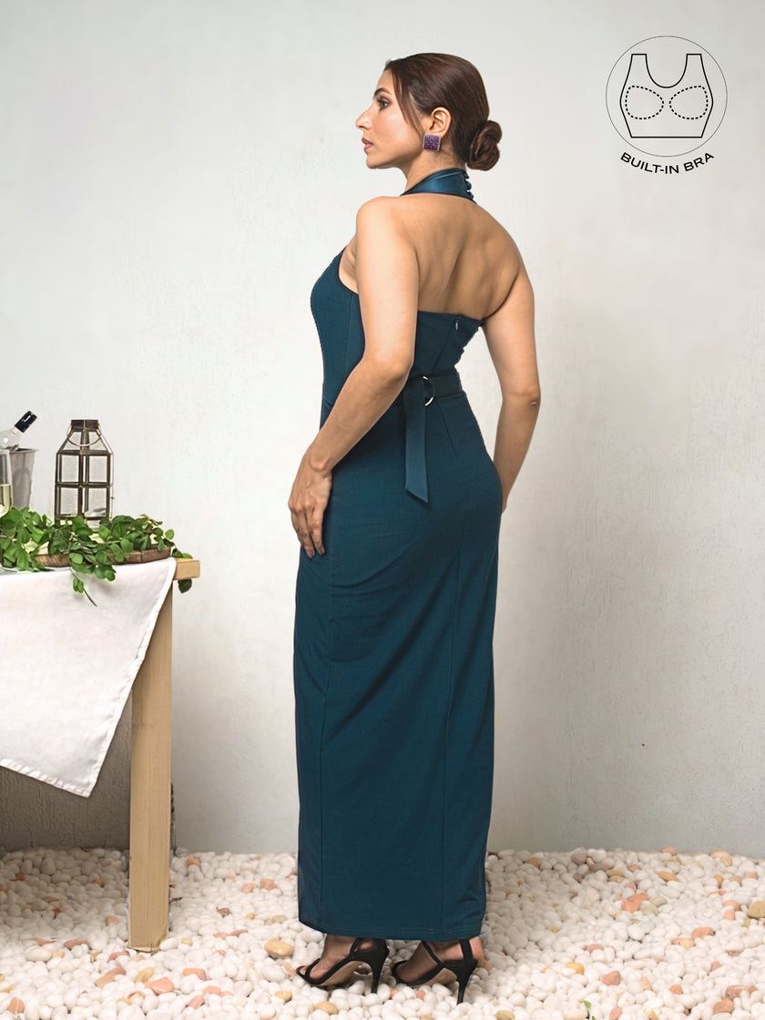 FORTE CRYSTAL TEAL STRUCTURED COLLAR GOWN WITH INBUILT BRA