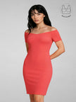 VARIE CORAL PINK BARDOT OFF-SHOULDER PARTY DRESS WITH INBUILT BRA