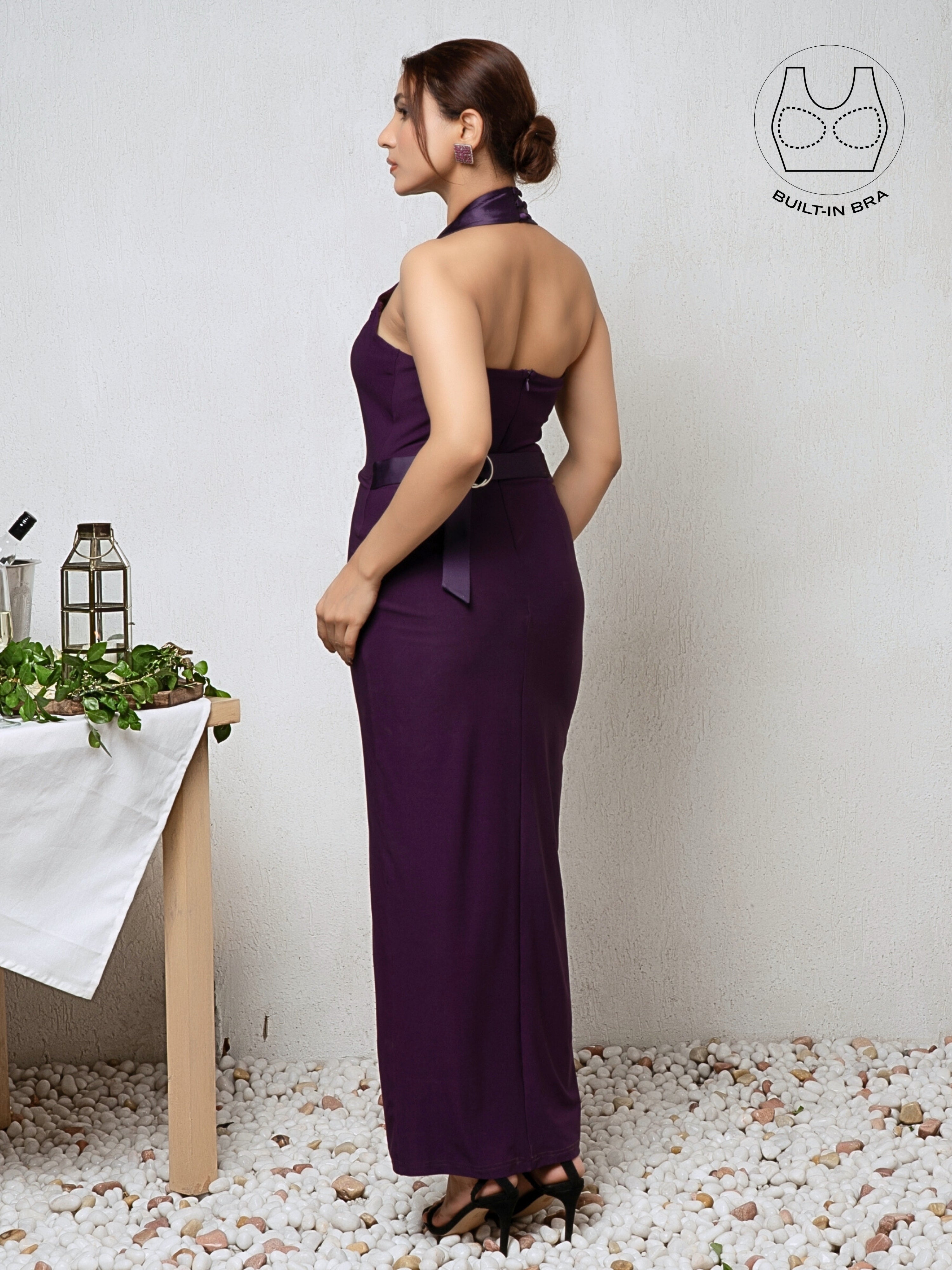 FORTE ROYAL PURPLE STRUCTURED COLLAR GOWN WITH INBUILT BRA