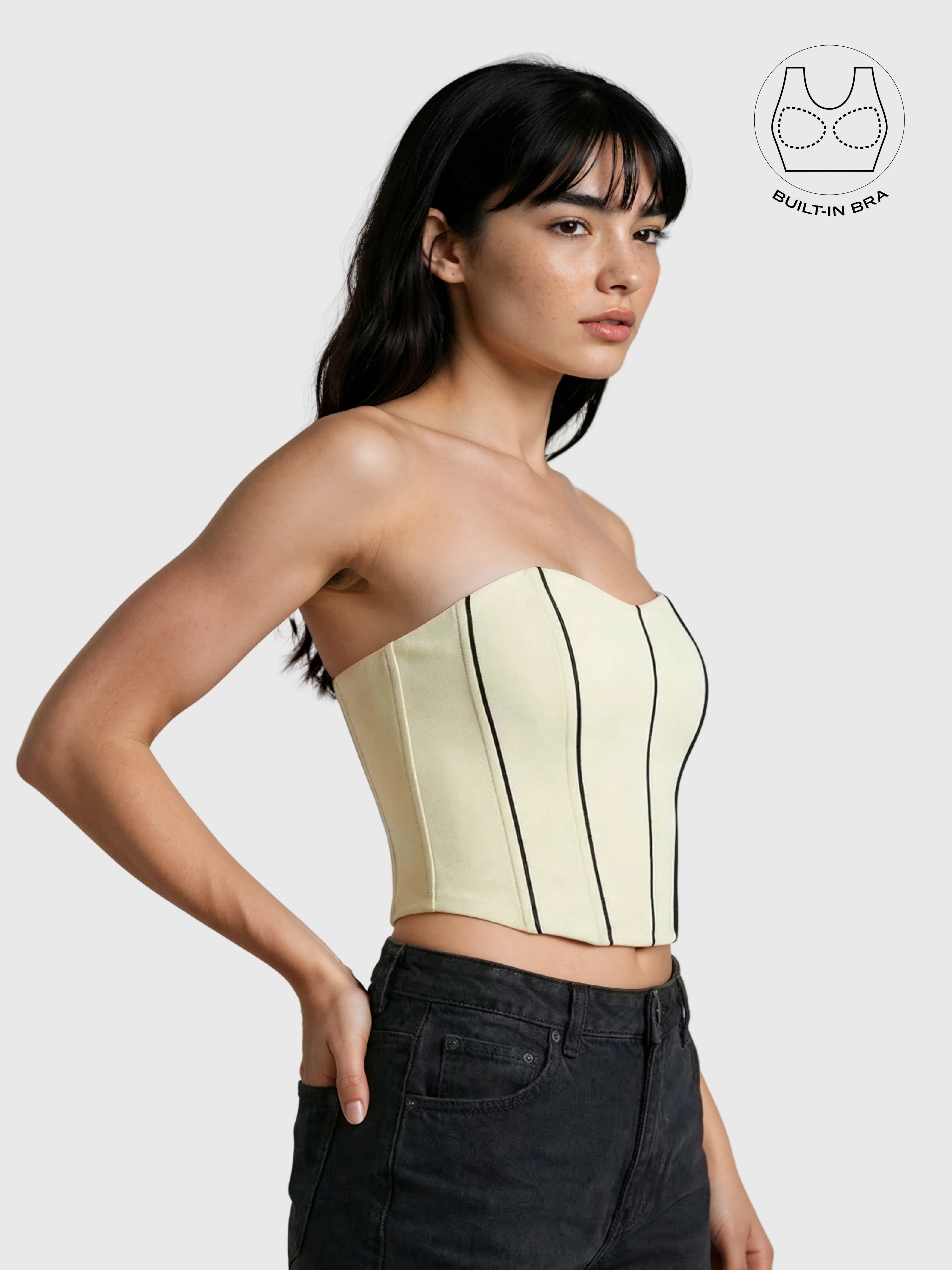 TENERA CREAM SWEETHEART STRIPED CORSET WITH INBUILT BRA