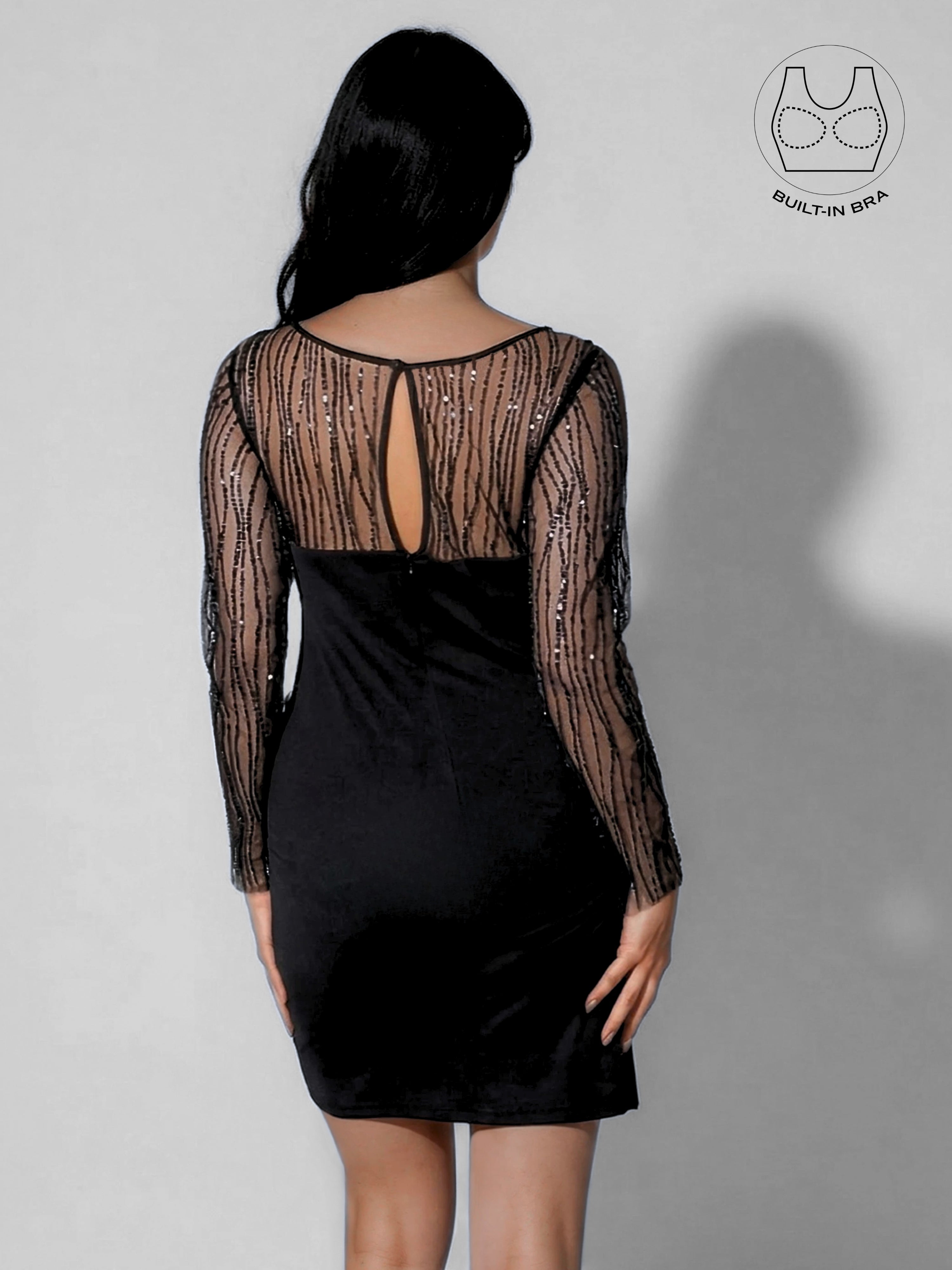 INARA BLACK BEADS & SEQUINS COCKTAIL DRESS WITH INBUILT BRA