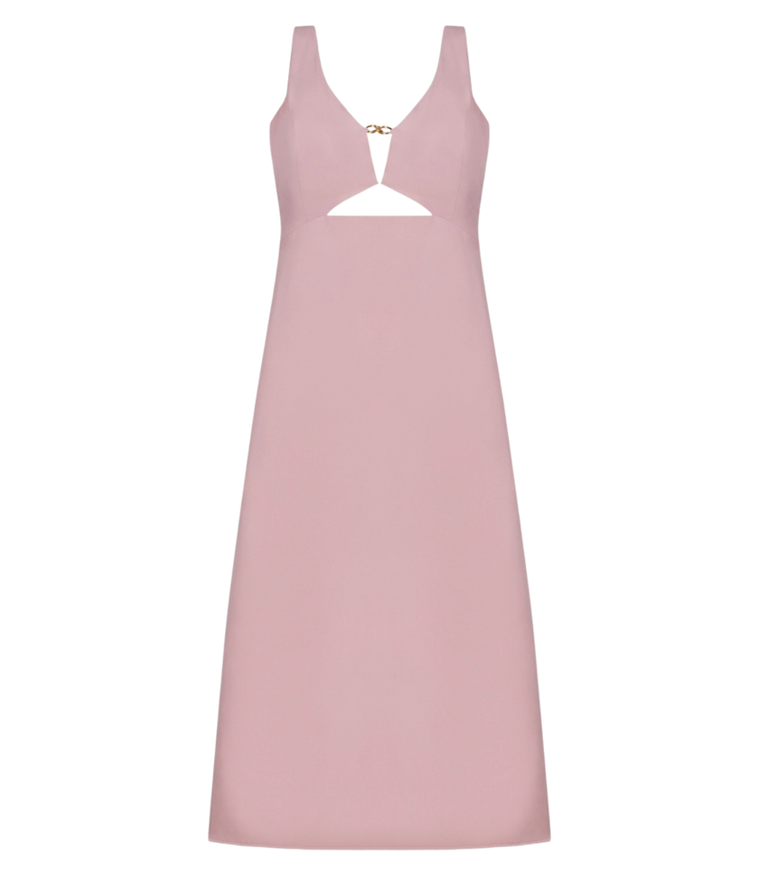 Partywear dusty pink buckle cutout dress with padded support.
