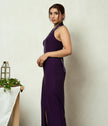 Elegant eggplant stretch gown with waistcoat belt and slit.