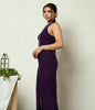 Elegant eggplant stretch gown with waistcoat belt and slit.