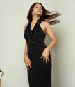 Women’s black floor-length evening gown with satin collar.