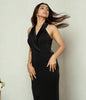Women’s black floor-length evening gown with satin collar.