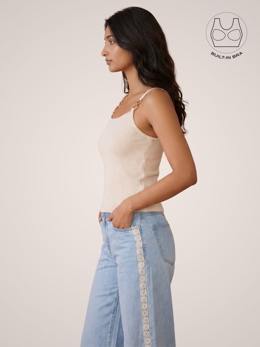 BIANCA OFF-WHITE TEXTURED COTTON BUCKLE TOP WITH INBUILT BRA
