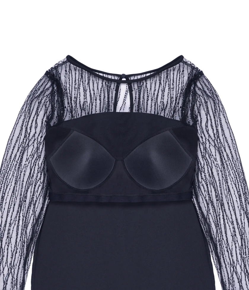 Stylish navy blue partywear dress with sequin embellishments.
