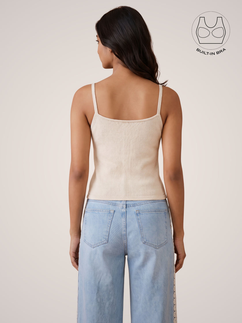 BIANCA OFF-WHITE TEXTURED COTTON BUCKLE TOP WITH INBUILT BRA