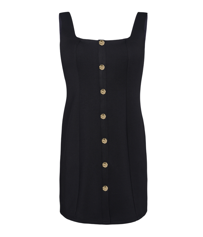 Women’s versatile black dress with built-in bra comfort.
