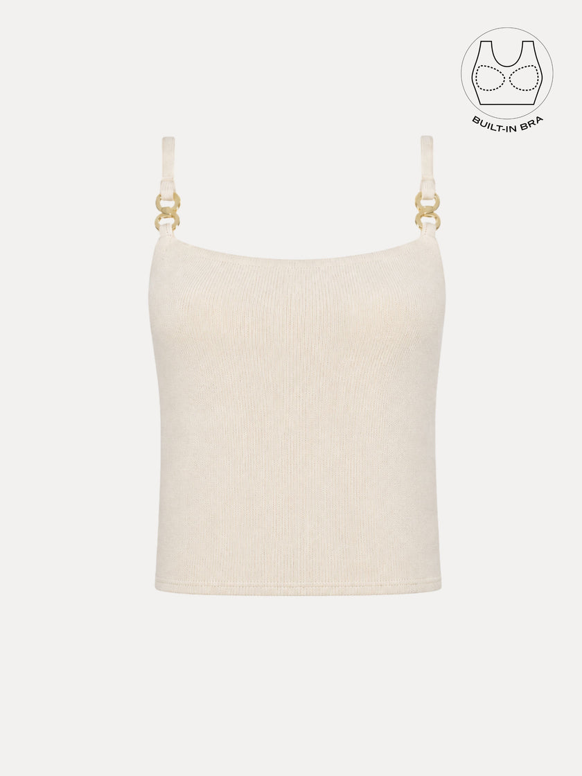 BIANCA OFF-WHITE TEXTURED COTTON BUCKLE TOP WITH INBUILT BRA