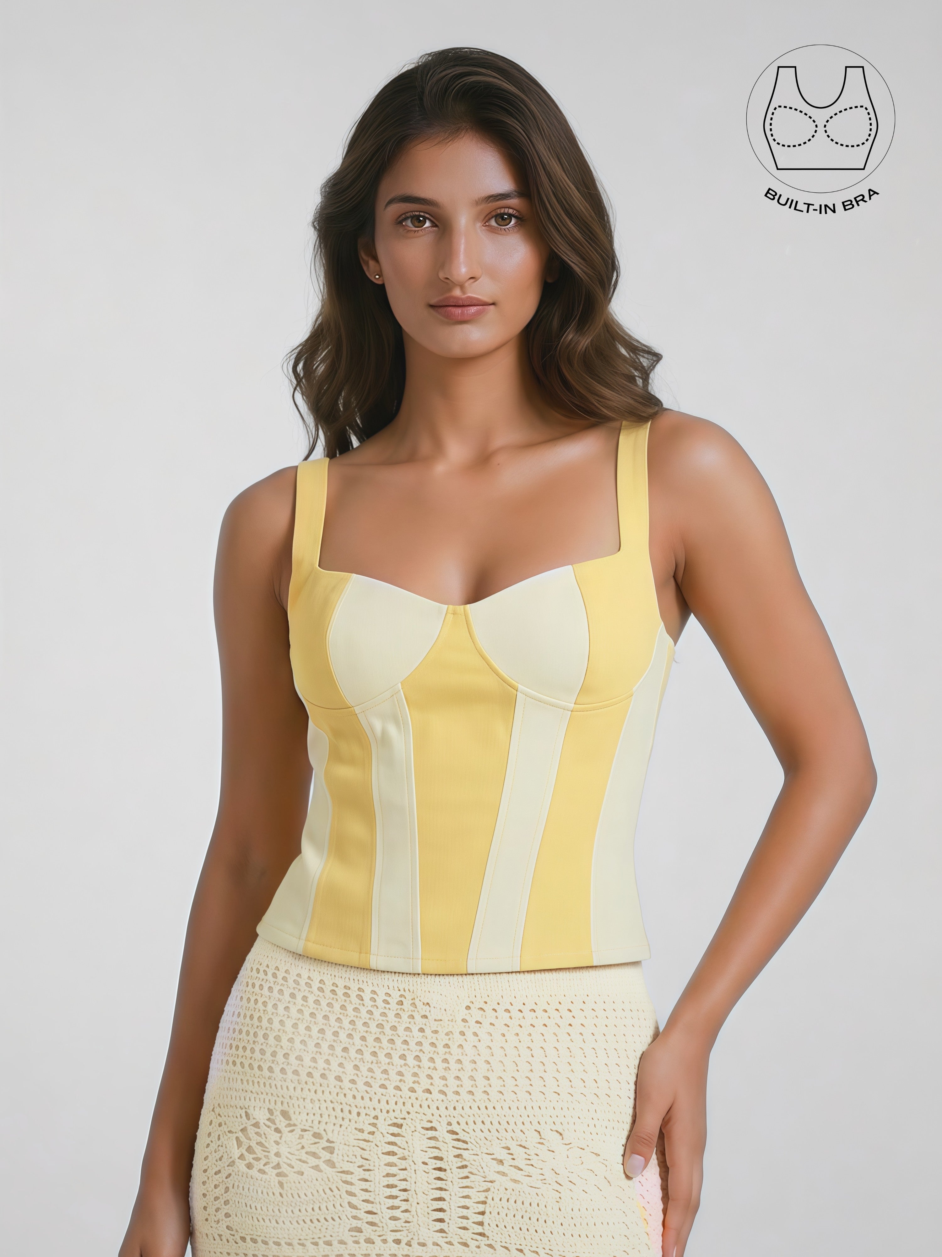 AVELIN BUTTER YELLOW COLOR BLOCK CORSET WITH INBUILT BRA