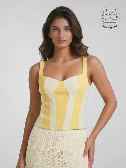 AVELIN BUTTER YELLOW COLOR BLOCK CORSET WITH INBUILT BRA