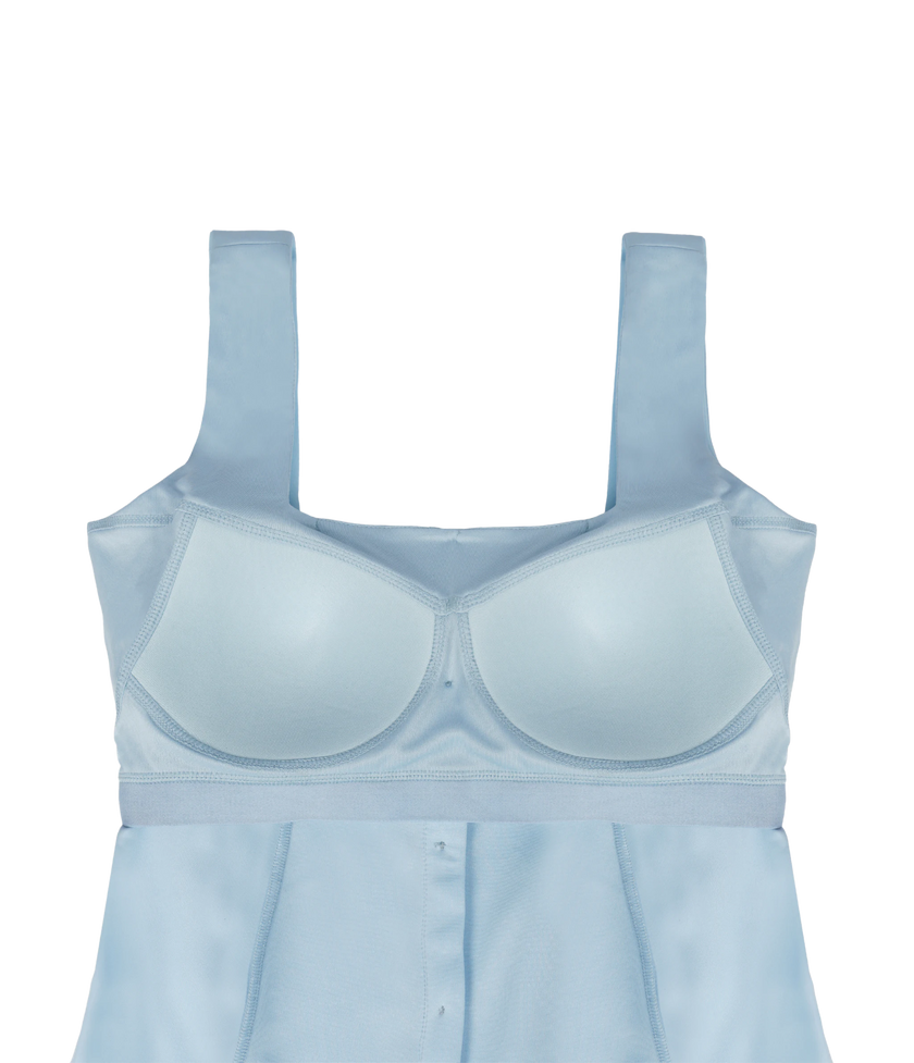 Stylish blue smart casual dress with built-in bra for women.
