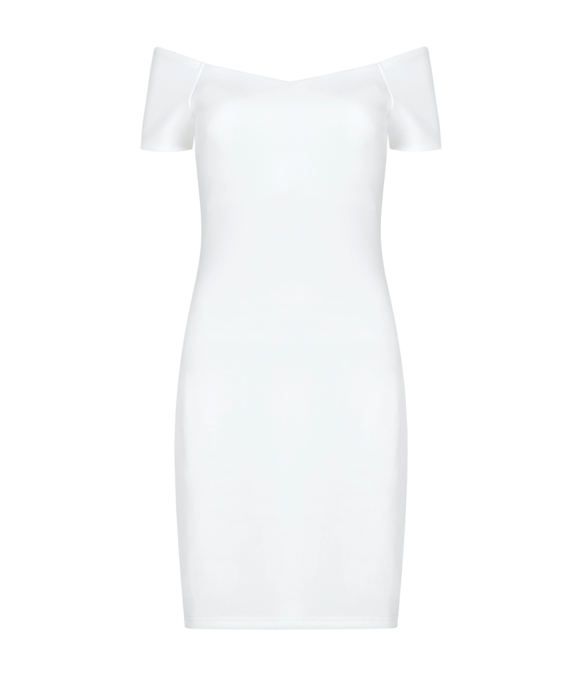 Stylish white bardot dress with inbuilt bra comfort