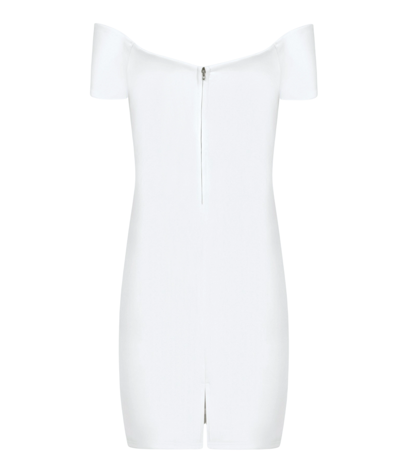 Pearl white cocktail dress with padded cups for parties.