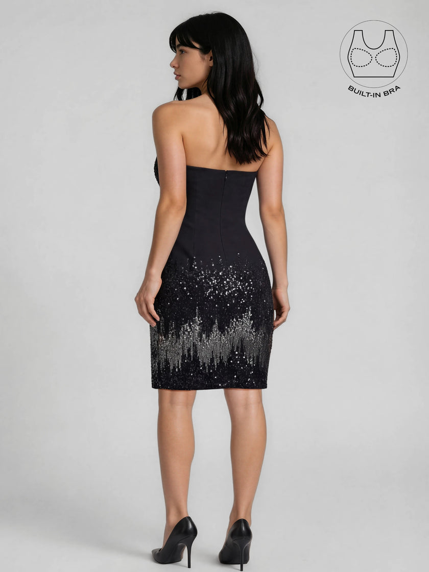 TATIANA BLACK STRAPLESS EMBROIDERED COCKTAIL DRESS WITH BUILT-IN BRA