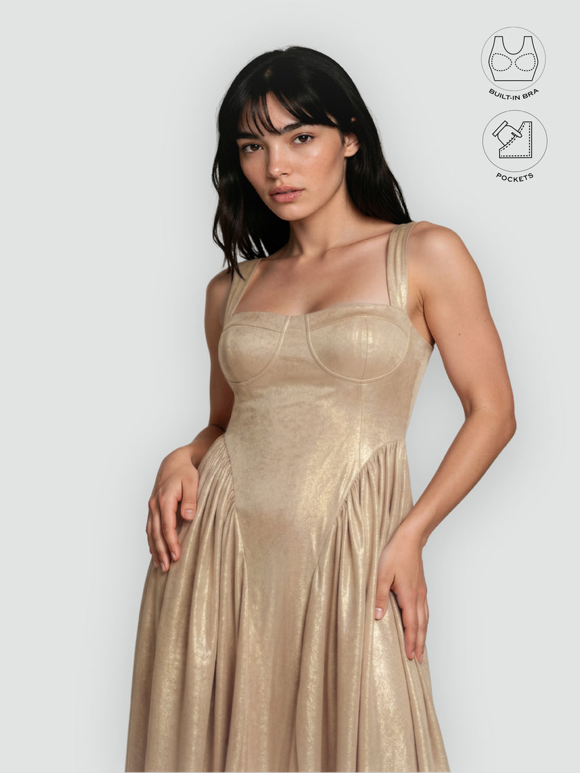 CALYPSA CHAMPAGNE GOLD SHIMMERING MAXI FLARE DRESS WITH BUILT-IN BRA