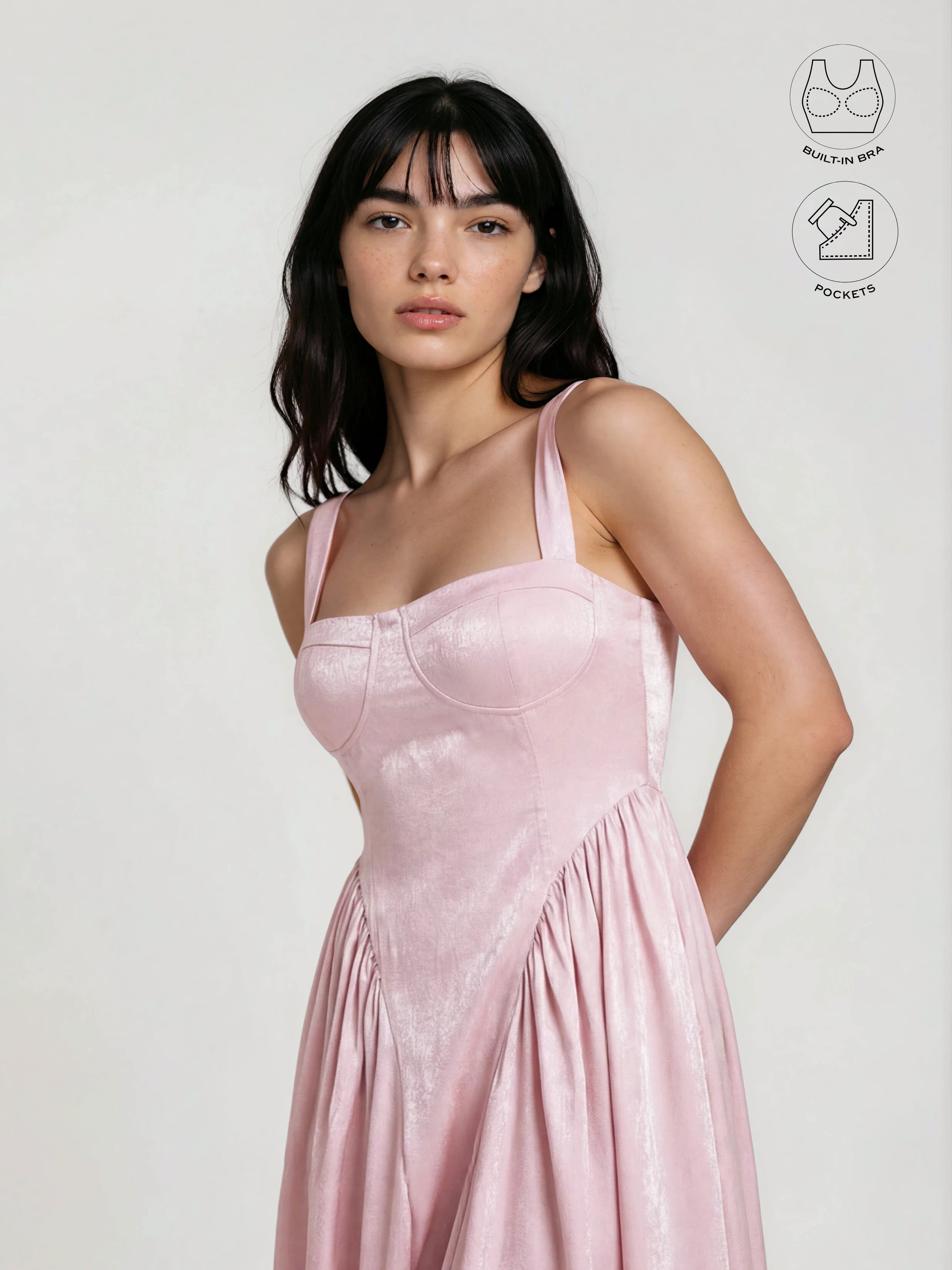 CALYPSA BABY PINK SHIMMERING MAXI FLARE DRESS WITH BUILT-IN BRA