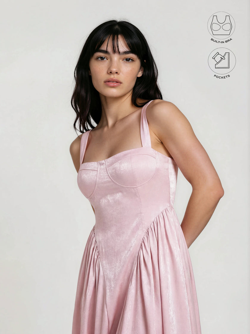CALYPSA BABY PINK SHIMMERING MAXI FLARE DRESS WITH BUILT-IN BRA