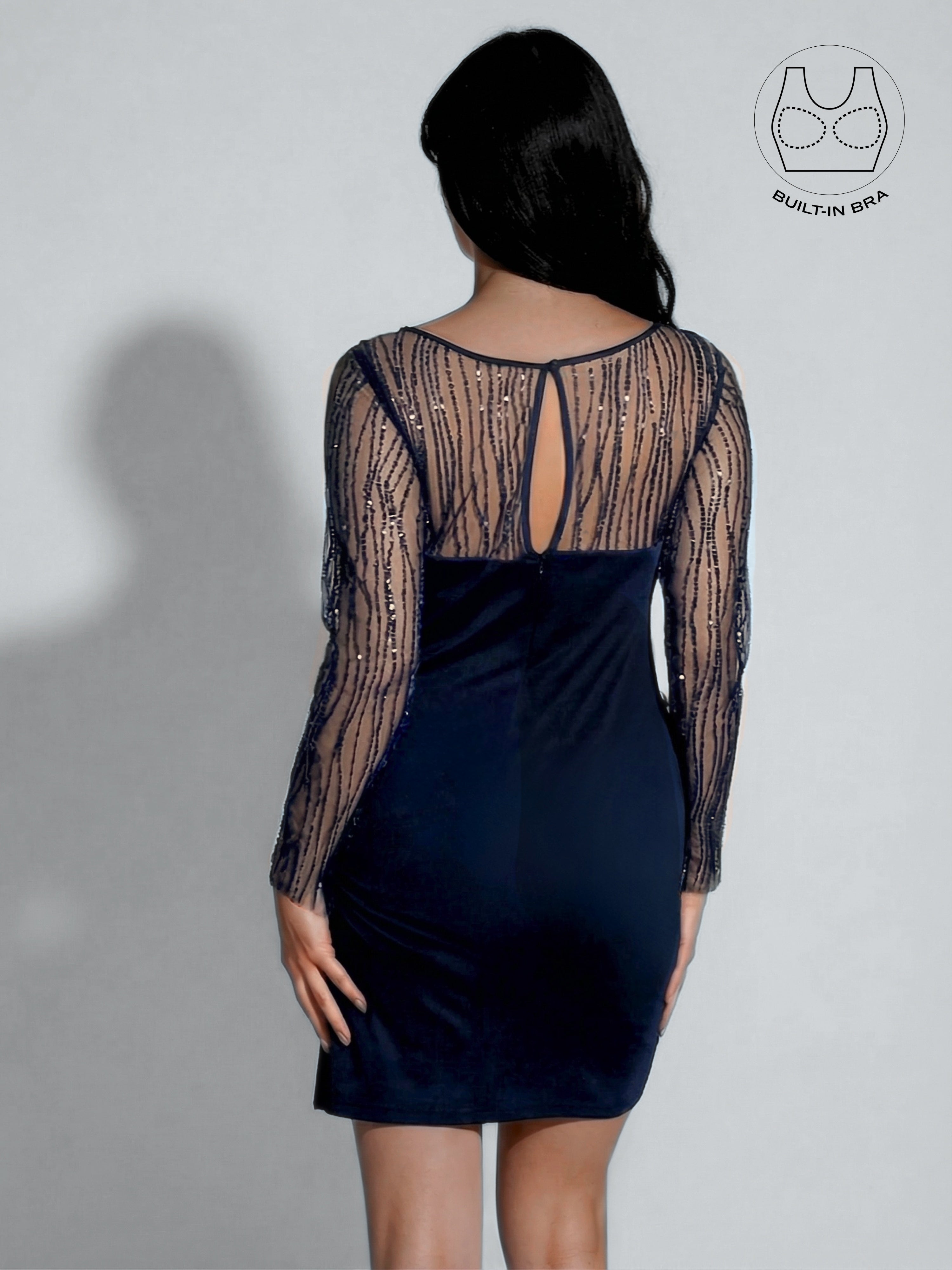 INARA NAVY BLUE BEADS & SEQUINS COCKTAIL DRESS WITH INBUILT BRA