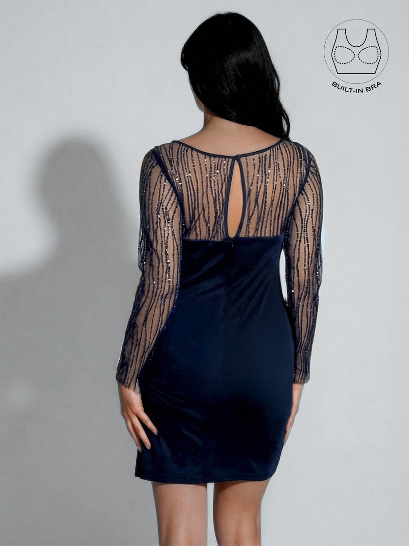 INARA NAVY BLUE BEADS & SEQUINS COCKTAIL DRESS WITH INBUILT BRA