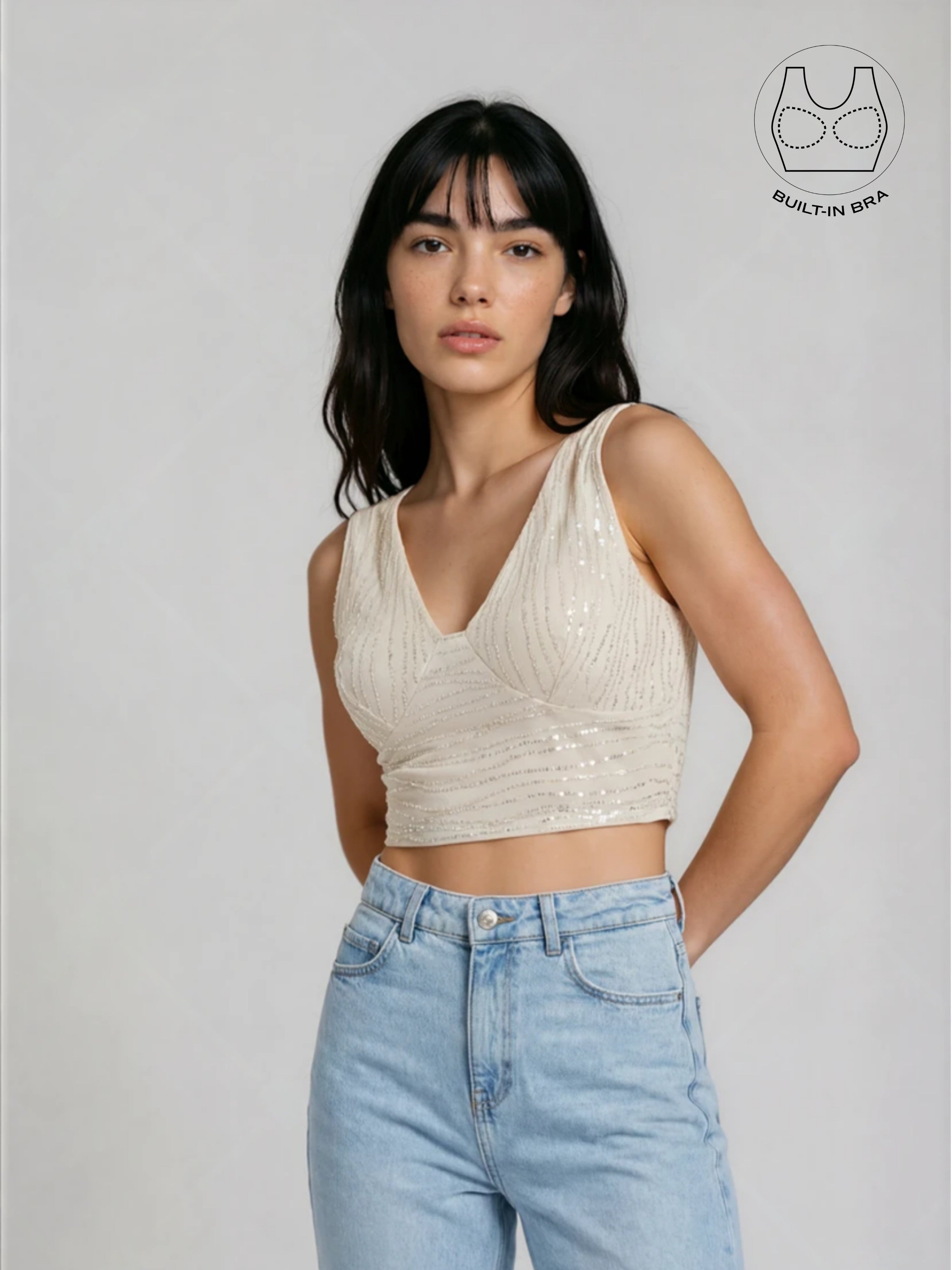 ASTRA IVORY BEADS & SEQUINS CROP TOP WITH INBUILT BRA